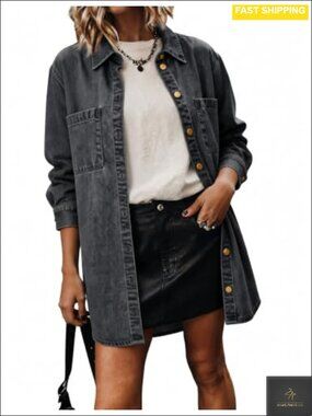 Womens Oversized Denim Jacket Long Sleeve Button Down Jean Jacket Pockets